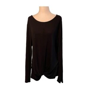 INC International Concepts Ribbed Knit Top Black Front Gather Long Sleeve XL